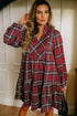 Plaid Frilled Collar Notched V Neck Tiered Long Sleeve Mini Dress
